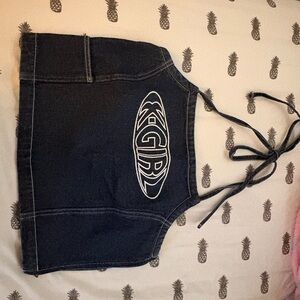 Simons Black Denim Halter Crop Top with White Logo
